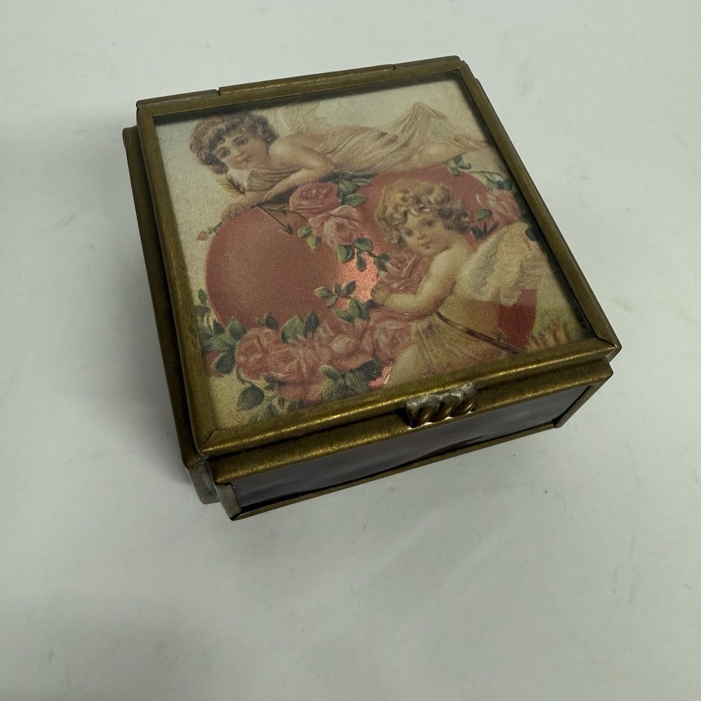 Vintage Via Vermont Cupid Rose Angel Trinket Jewelry Box Foil Art Handcrafted‎